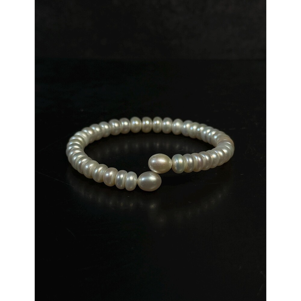 Freshwater Creamy White Pearl Bangle Bracelet Steel Memory Wire Size 5.5